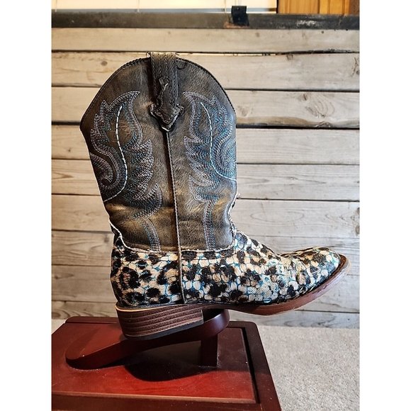 Roper Glitter Diamonds Cow  Leather Square Toe Pull On Western Boots Girls Sz 1 - Picture 4 of 14
